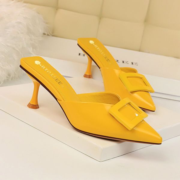 

slippers style summer slides women 6cm low high heels mules shales casual yellow kitten buckle glossy shoes 6kps, Black