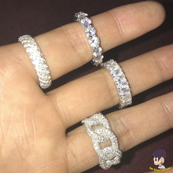 

hip hop jewelry sparkling 925 sterling silver rings for women men luxury hollow out chain pave sona diamond ring set finger cluster, Golden;silver