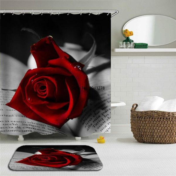 

shower curtains 2pcs/set rose flower set mat bathroom waterproof bath polyester cloth with rectangle non-slip floor