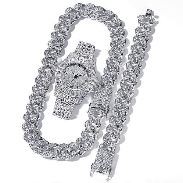 

iced out watch for men women hip hop rapper miami cuban chain gold necklace paved rhinestones bling watch set men jewelry chokerg, Slivery;brown