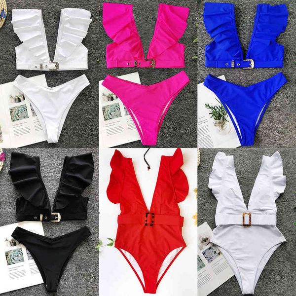 2021 Neon Profondo scollo a V Donna Costumi da bagno Bikini arruffato Vita alta Costume da bagno Donna Fibbia Cintura Bikini Bagnante Costume da bagno SwimX0523