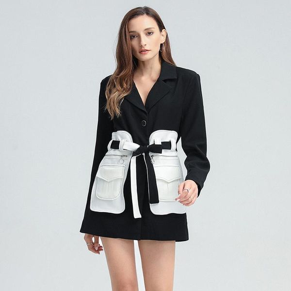 

women's suits & blazers lace up casual for women notched long sleeve high waist patchwork hit color blazer female fashion tide, White;black