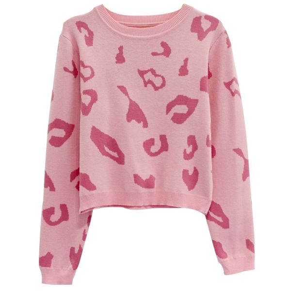 

women pink leopard sweater crew neck knitted pullovers long sleeve winter autumn casual sweet m0039 210514, White;black