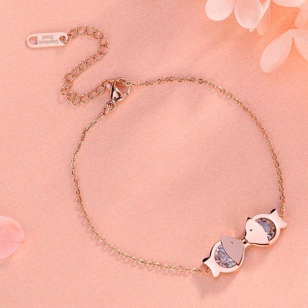 

crystal double fish titanium steel bracelet rose gold fashion temperament korean necklace charm for women link, chain, Black