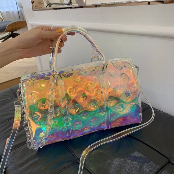

design handbag luxury 2021 new printing rainbow transparent large capacity sports handbag sea beach short distance laser travel bag 50cm