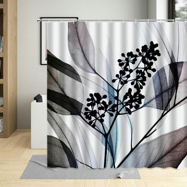 

floral plant shower curtain set black flower decor bathroom curtains waterproof fabric bathtub screens art poster with hooks