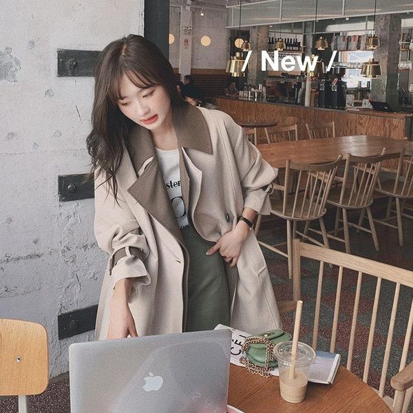 

women's trench coats korean design vintage ladies patchwork color block jackets harajuku streetwear bomber s176., Tan;black