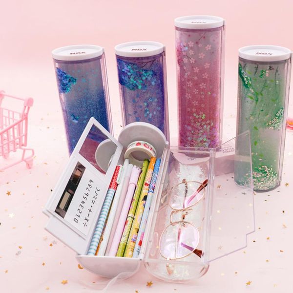 

pencil bags translucent cylindrical box large capacity cases pen holder with mirror calculator for school stationery