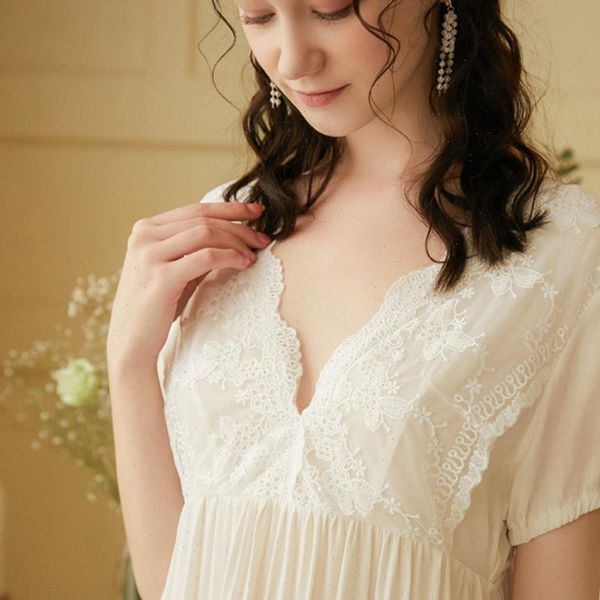 

homewear sleeping gown dress short womens sleepwears sleeved cotton nightdress summer retro princess lace v neck nightgown, Black;red