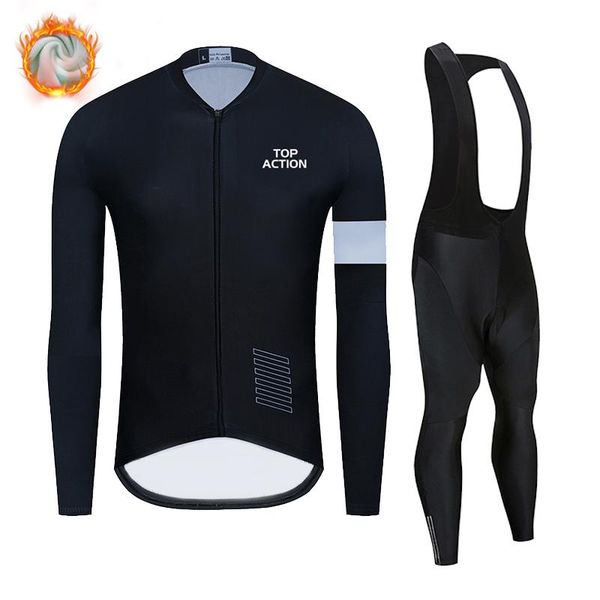 

racing sets action 2021 winter thermal fleece cycling clothes men long sleeve jersey suit outdoor riding bike mtb clothing bib pants set, Black;blue