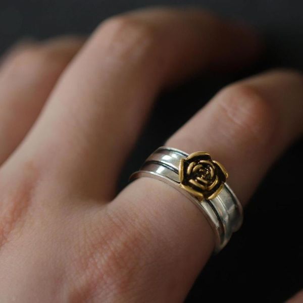 

wedding rings european vintage gold rose shaped for women retro silver wide finger ring gift jewelry, Slivery;golden