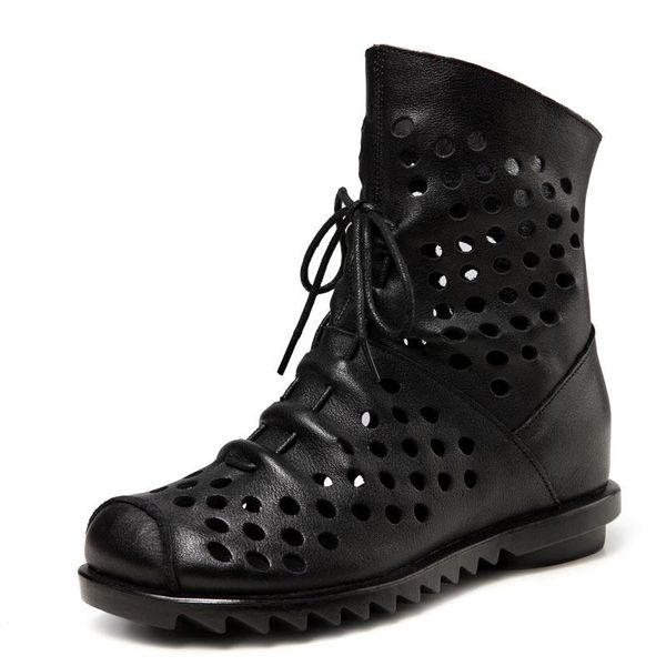 

genuine fashion casual leather women's ankle boots wisp of air slope heel fenale sandals round toe lace handmade ladies shoes, Black