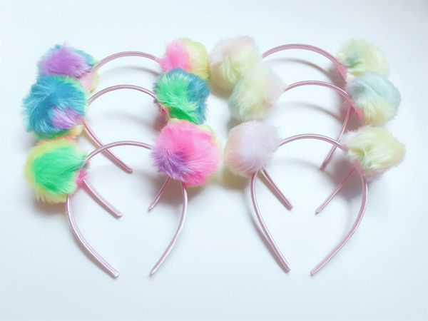 

hair accessories boutique 10pcs fashion cute fur pom hairbands gradient rainbow color animal ears sticks princess party, Slivery;white