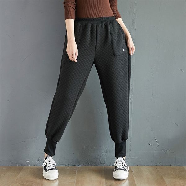 

autumn korea fashion women elastic waist loose black pants all-matched casual thicken cotton harem plus size v102 210512, Black;white