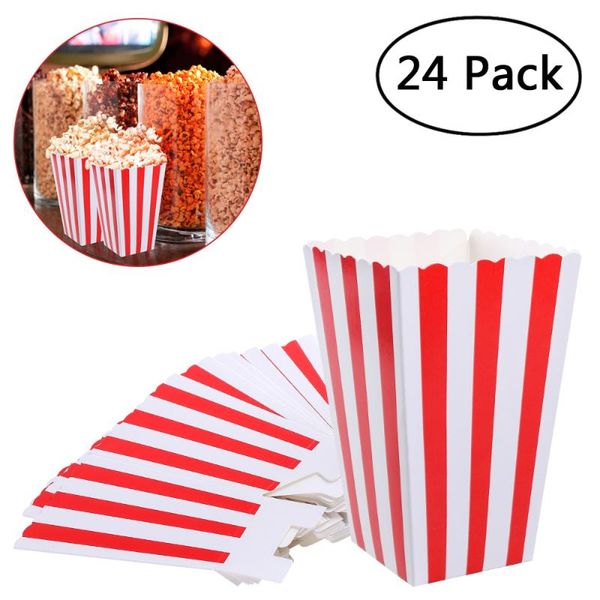 

24pcs popcorn boxes holder containers cartons paper bags stripe box for movie theater dessert tables wedding favors (red) gift wrap
