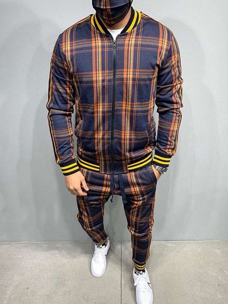 

men's tracksuits 202120 american autumn zipper cardigan jacket fashion casual sports pants grid suits 2 man-made garments, Gray