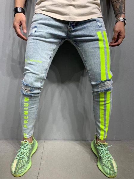 

men's jeans ice blue double stripe neon green street style denim