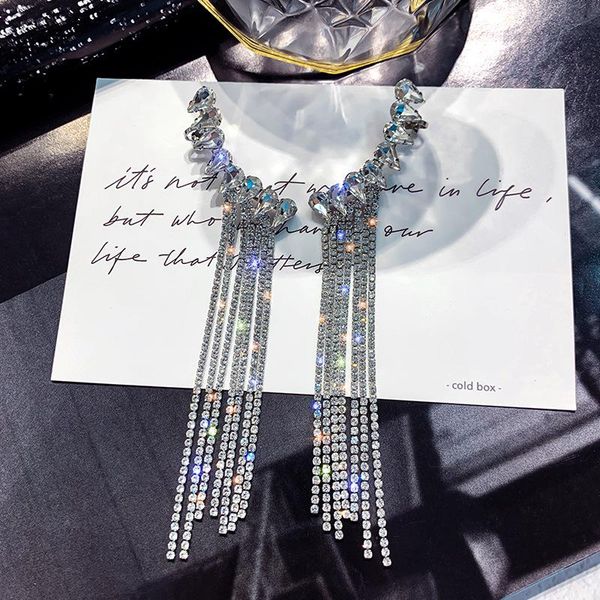 

dangle & chandelier fashion long tassel full rhinestone drop earrings women shiny water crystal jewelry gifts banquet, Silver