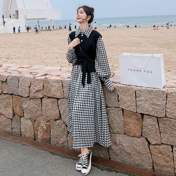 

casual dresses ricaqico plaid shirt women spring autumn 2021 french style pure temperament salt skirt black vest two-piece set, Black;gray