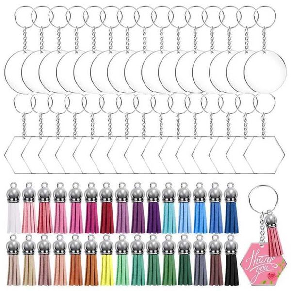 

120 pcs acrylic keychain blanks with key rings jump rings round clear discs circles colorful tassel pendants for diy projects cr h0915, Silver