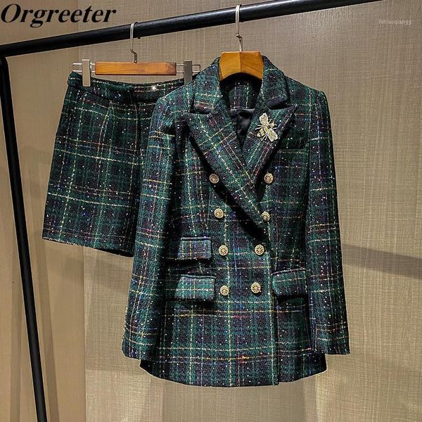 

women's tracksuits vintage suit sets women england green double-breasted plaid tweed blazer jacket shorts two piece set 's winter, Gray
