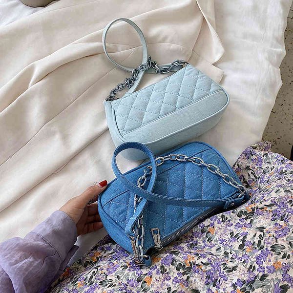 

2020 fashion vintage armpit bag women baguette shoulder diamond lattice bags female acrylic chain leisure totes messenger small denim purse
