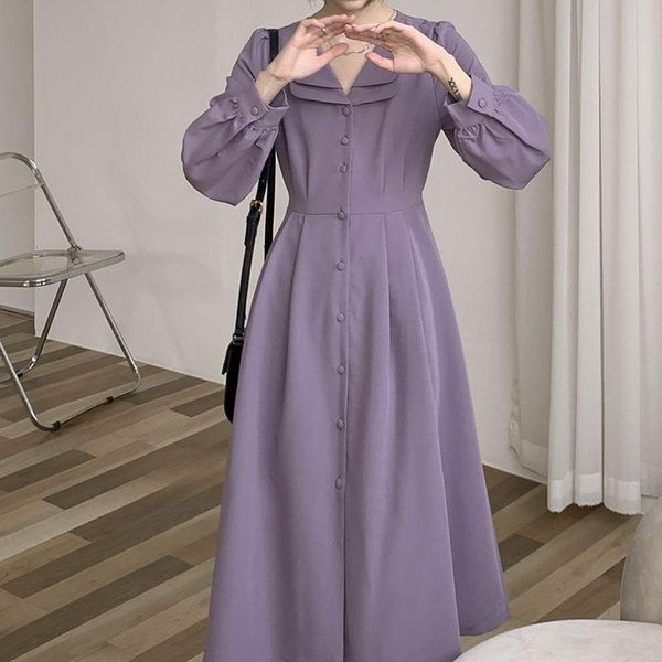 

casual dresses chic pleated women's dress 2021 spring and autumn vestidos french retro purple long-sleeved waist mid-length, Black;gray