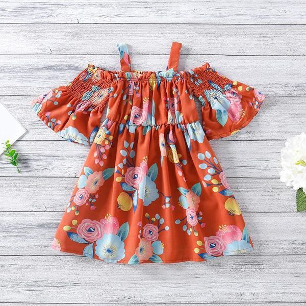 

floral girls dresses off shoulder ruffles children for girl short sleeve summer dress casual clothes costume 2021 girl's, Red;yellow