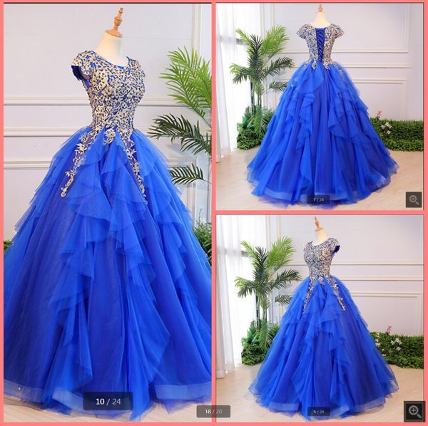 

2021 real p royal blue ball gown prom dresses lace appliques princess ruffled corset pearls party gowns short sleeve saudi arabic modest mus, Black