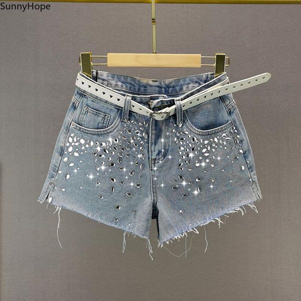 

women's jeans heavy rhinestone denim shorts 2021 summer high waist loose wide leg pants girls female, Blue