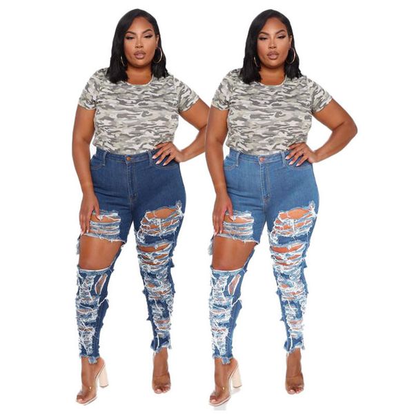 

2021 autumn women's wear large tear hole elastic jeans, Blue