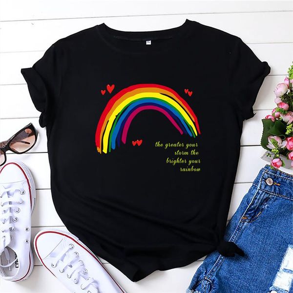 

women's t-shirt kawaii rainbow letter print tshirt plus size short sleeve o neck women tee 100%cotton summer harajuku t shirt, White