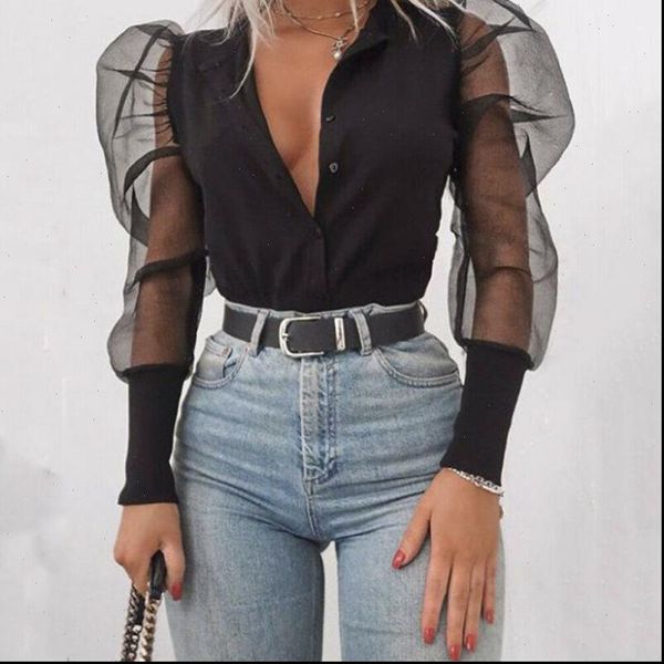 

fashion mesh womens shirt long sleeve solid color puff, White