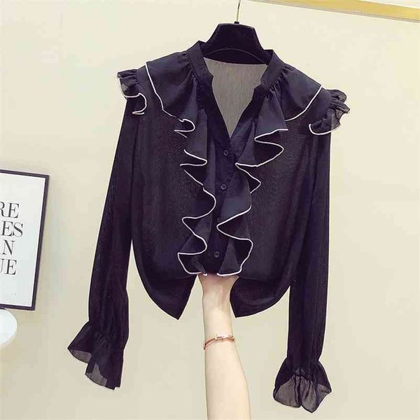 

elegant women's ruffles shirts autumn v neck long sleeves chiffon shirt ladies female blouse blusas a3943 210519, White