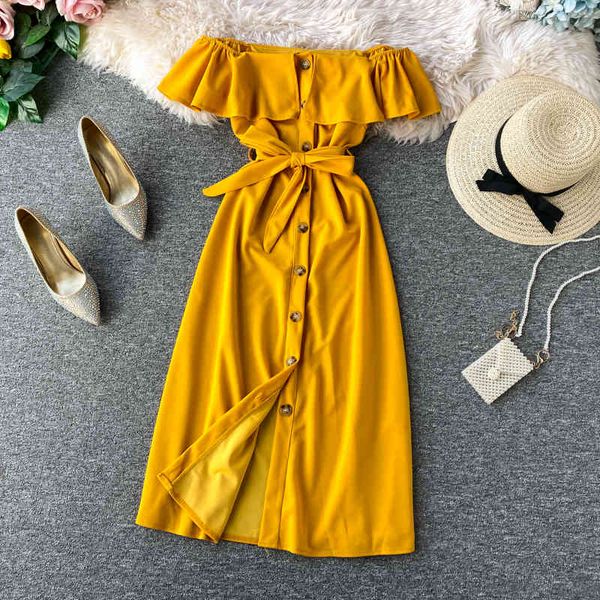 

casual dresses summer women off-shoulder retro solid a-line single breasted slash neck ladies polyester sashes m6hq, Black;gray