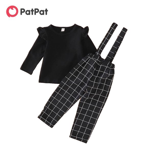 

arrival autumn and spring 2-piece baby toddler girl solid ruffled plaid strap pants sets children's 210528, White