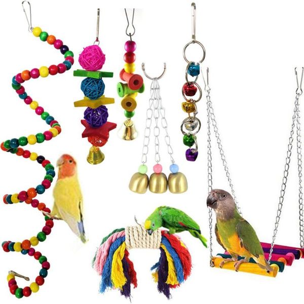 

other bird supplies 7pcs swing blocks cotton rope chew wooden toys for parrots hanging bridge string with bells colorful parrot