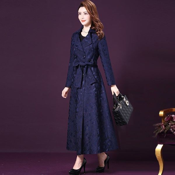 

women's trench coats elegant jacquard fabric coat spring autumn women lapel double-breasted long overcoat female windbreaker with belt, Tan;black