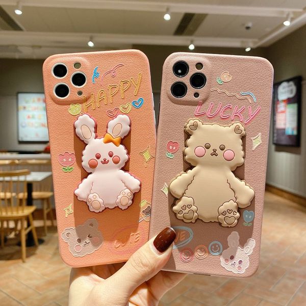 Bambola tridimensionale in pelle di agnello Lucky Bear custodie per telefoni coniglio felice per iPhone 11 12 pro max xr xs x 7 8 plus