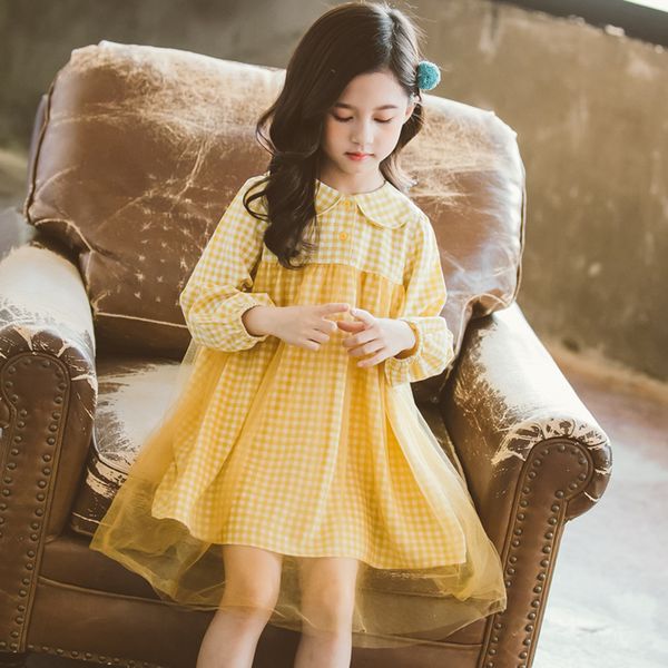

dress girl plaid pattern party girl dress long sleeve mesh dress kids spring autumn girl costume 6 8 10 12 14, Red;yellow