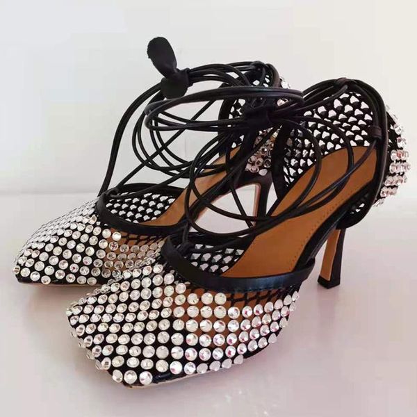 

sandals women's net mesh stiletto closed square toe high heel women strappy summer nightclub shoes 2021 female pumps, Black