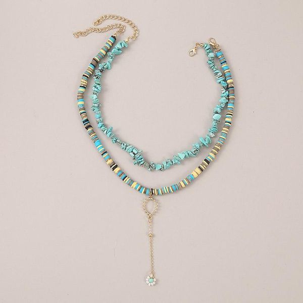 

2pcs/set vintage green natural stone necklace for women fashion handmade beaded flower pendant multicolor polymer clay necklaces, Silver