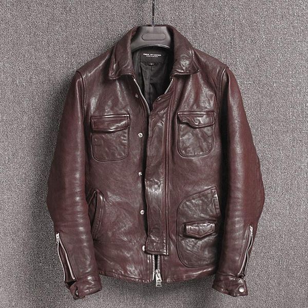 

men's leather & faux vintage motorcycle jacket vegetable tanning sheepskin slim fit biker men japanese wrinkle coat male, Black