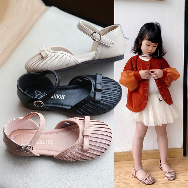 

2021 spring summer girls shoes kids sandals for medium big children flat bow-knot round toe comfortable breathable, Black;red