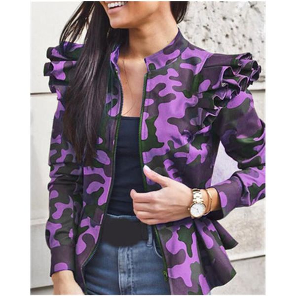 

womens ruffle sleeves jackets fashion trend splicing long sleeve zipper coats designer female winter camouflage casual slim outerwears, Black;brown