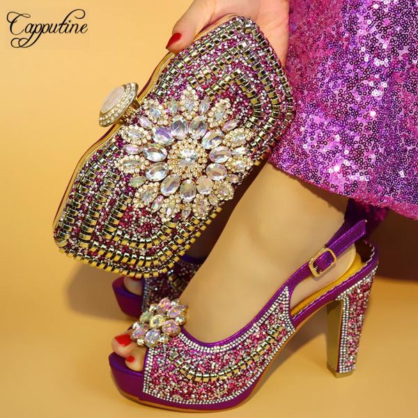 

capputine arrival flowers stone crystal shoes and bag set fashion african high heels for wedding dress, Black