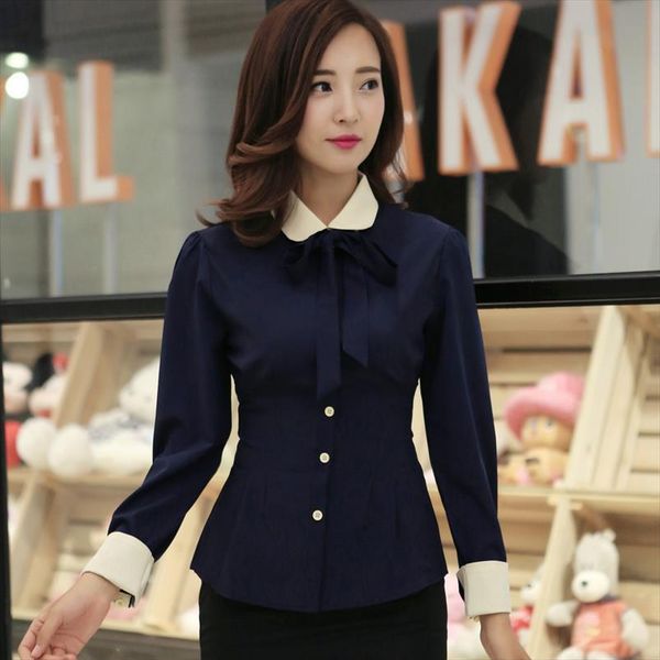 

korean autumn navy blue women shirts long sleeve slim fashion bow plus size office, White
