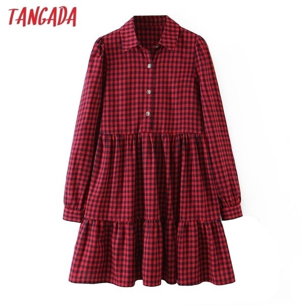 Tangada Moda Mulheres Vermelho Cópia Impressão Camisa Vestido Nova Chegada Manga Longa Senhoras Solta Mini Vestido Vestidos SL161 210325