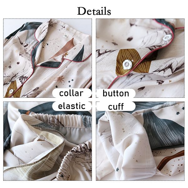 

2021julys song 100% viscose women pajamas casual long sleeve sleepwear pajamas set printed pockets summer cool pyjama suit femmel, Black;red