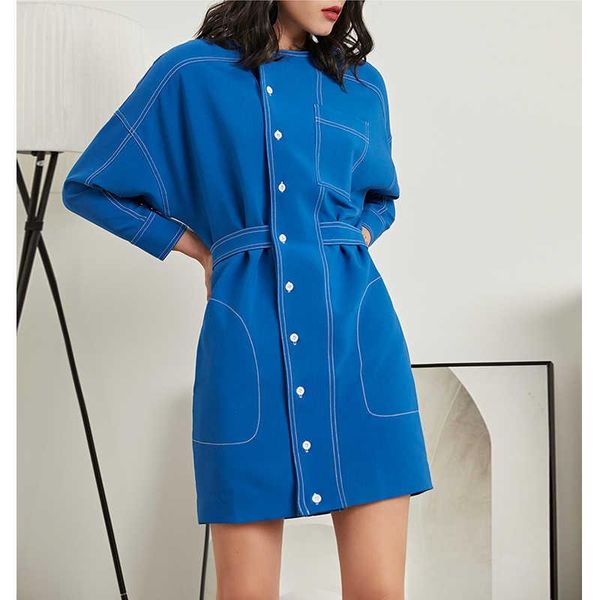 

casual dresses [ewq] korea chic trendy women pure color simple autumn fashion o neck single breasted 2021 long sleeve midi dress 16e1081, Black;gray